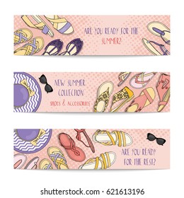 Set of three horizontal banners with female shoes and accessories.