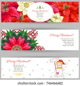 Set of three horizontal banners. Fir-tree, holly, hellebore and poinsettia flowers. Winter ornament. Place for your text