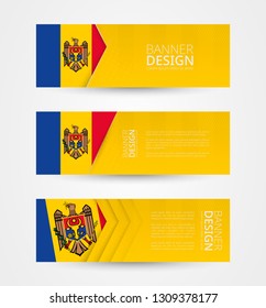Set of three horizontal banners with flag of Moldova. Web banner design template in color of Moldova flag. Vector illustration.