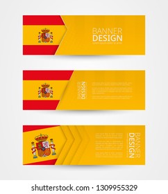 Set of three horizontal banners with flag of Spain. Web banner design template in color of Spain flag. Vector illustration.