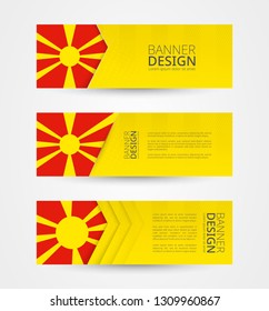 Set of three horizontal banners with flag of Macedonia. Web banner design template in color of Macedonia flag. Vector illustration.