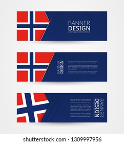 Set of three horizontal banners with flag of Norway. Web banner design template in color of Norway flag. Vector illustration.