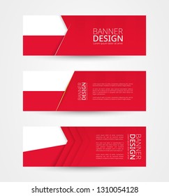 Set of three horizontal banners with flag of Poland. Web banner design template in color of Poland flag. Vector illustration.