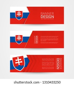 Set of three horizontal banners with flag of Slovakia. Web banner design template in color of Slovakia flag. Vector illustration.