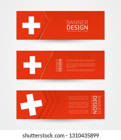 Set of three horizontal banners with flag of Switzerland. Web banner design template in color of Switzerland flag. Vector illustration.