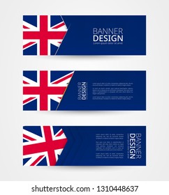 Set of three horizontal banners with flag of United Kingdom. Web banner design template in color of UK flag. Vector illustration.