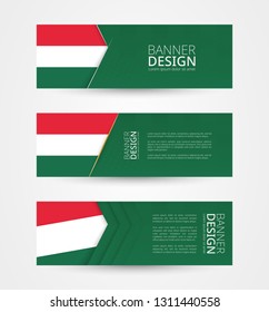 Set of three horizontal banners with flag of Hungary. Web banner design template in color of Hungary flag. Vector illustration.