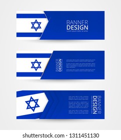 Set of three horizontal banners with flag of Israel. Web banner design template in color of Israel flag. Vector illustration.