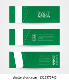 Set of three horizontal banners with flag of Nigeria. Web banner design template in color of Nigeria flag. Vector illustration.