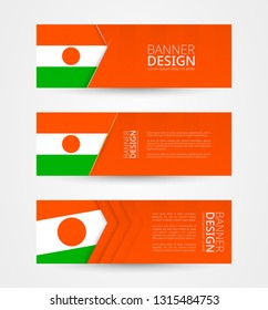 Set of three horizontal banners with flag of Niger. Web banner design template in color of Niger flag. Vector illustration.