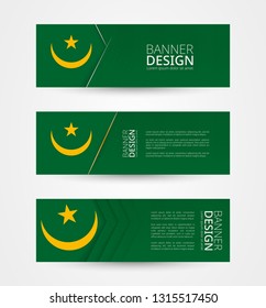 Set of three horizontal banners with flag of Mauritania. Web banner design template in color of Mauritania flag. Vector illustration.