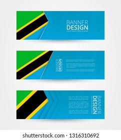 Set of three horizontal banners with flag of Tanzania. Web banner design template in color of Tanzania flag. Vector illustration.