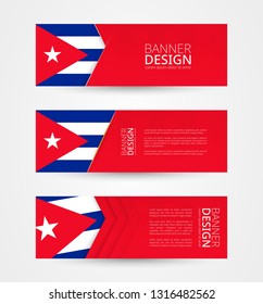 Set of three horizontal banners with flag of Cuba. Web banner design template in color of Cuba flag. Vector illustration.