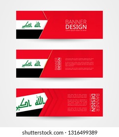Set of three horizontal banners with flag of Iraq. Web banner design template in color of Iraq flag. Vector illustration.