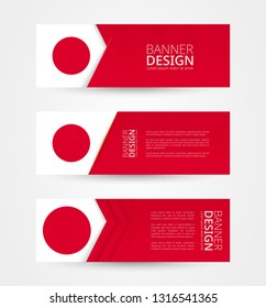 Set of three horizontal banners with flag of Japan. Web banner design template in color of Japan flag. Vector illustration.