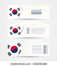 Set of three horizontal banners with flag of South Korea. Web banner design template in color of South Korea flag. Vector illustration.