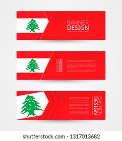 Set of three horizontal banners with flag of Lebanon. Web banner design template in color of Lebanon flag. Vector illustration.