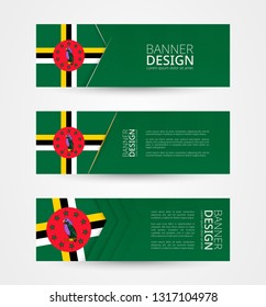 Set of three horizontal banners with flag of Dominica. Web banner design template in color of Dominica flag. Vector illustration.