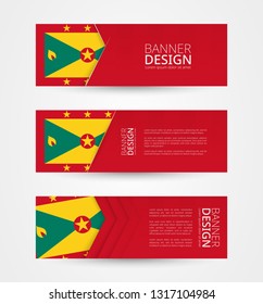 Set of three horizontal banners with flag of Grenada. Web banner design template in color of Grenada flag. Vector illustration.