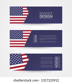 Set of three horizontal banners with flag of USA. Web banner design template in color of United States of America flag. Vector illustration.