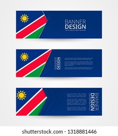 Set of three horizontal banners with flag of Namibia. Web banner design template in color of Namibia flag. Vector illustration.