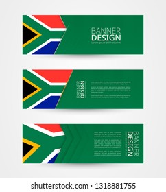 Set of three horizontal banners with flag of South Africa. Web banner design template in color of South Africa flag. Vector illustration.