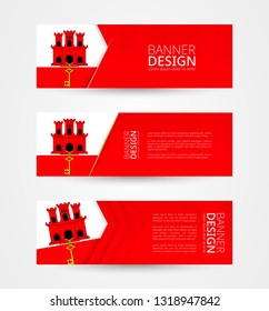 Set of three horizontal banners with flag of Gibraltar. Web banner design template in color of Gibraltar flag. Vector illustration.