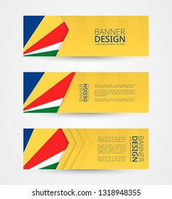 Set of three horizontal banners with flag of Seychelles. Web banner design template in color of Seychelles flag. Vector illustration.