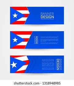 Set of three horizontal banners with flag of Puerto Rico. Web banner design template in color of Puerto Rico flag. Vector illustration.