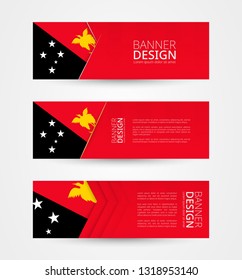 Set of three horizontal banners with flag of Papua New Guinea. Web banner design template in color of Papua New Guinea flag. Vector illustration.