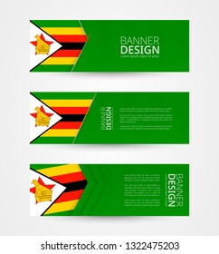 Set of three horizontal banners with flag of Zimbabwe. Web banner design template in color of Zimbabwe flag. Vector illustration.