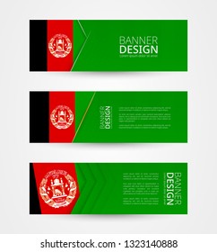 Set of three horizontal banners with flag of Afghanistan. Web banner design template in color of Afghanistan flag. Vector illustration.
