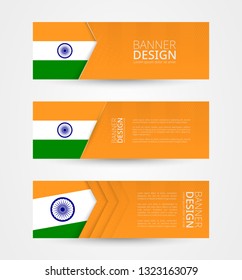 Set of three horizontal banners with flag of India. Web banner design template in color of India flag. Vector illustration.