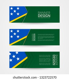 Set of three horizontal banners with flag of Solomon Islands. Web banner design template in color of Solomon Islands flag. Vector illustration.