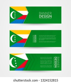 Set of three horizontal banners with flag of Comoros. Web banner design template in color of Comoros flag. Vector illustration.