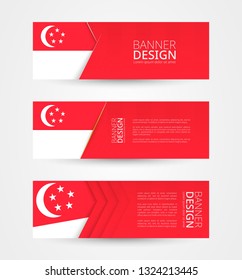 Set of three horizontal banners with flag of Singapore. Web banner design template in color of Singapore flag. Vector illustration.