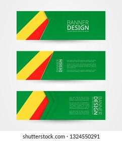 Set of three horizontal banners with flag of Congo. Web banner design template in color of Congo flag. Vector illustration.
