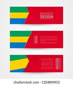Set of three horizontal banners with flag of Gabon. Web banner design template in color of Gabon flag. Vector illustration.