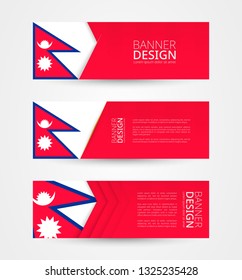 Set of three horizontal banners with flag of Nepal. Web banner design template in color of Nepal flag. Vector illustration.