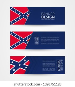 Set of three horizontal banners with flag of Confederate. Web banner design template in color of Confederate flag. Vector illustration.