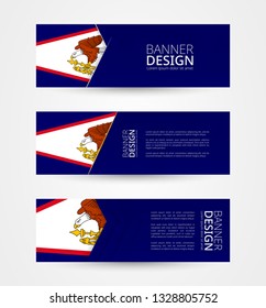Set of three horizontal banners with flag of American Samoa. Web banner design template in color of American Samoa flag. Vector illustration.