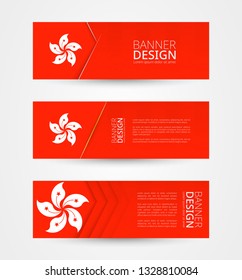 Set of three horizontal banners with flag of Hong Kong. Web banner design template in color of Hong Kong flag. Vector illustration.