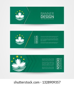 Set of three horizontal banners with flag of Macau. Web banner design template in color of Macau flag. Vector illustration.