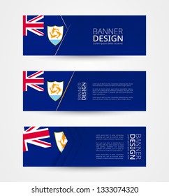 Set of three horizontal banners with flag of Anguilla. Web banner design template in color of Anguilla flag. Vector illustration.
