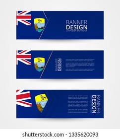 Set of three horizontal banners with flag of Saint Helena. Web banner design template in color of Saint Helena flag. Vector illustration.