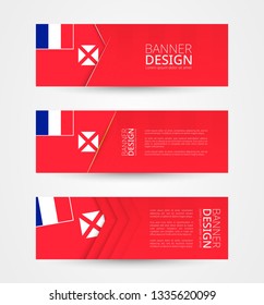 Set of three horizontal banners with flag of Wallis and Futuna. Web banner design template in color of Wallis and Futuna flag. Vector illustration.