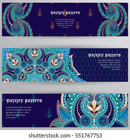 Set of three horizontal banners. Floral oriental pattern. Traditional ornament on dark backdrop. Place for your text