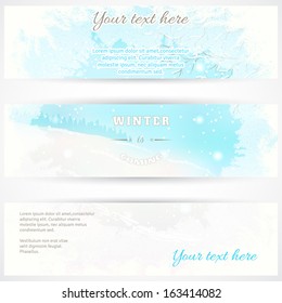 Set of three horizontal  banners. Frosted glass and winter landscape. Place for you text