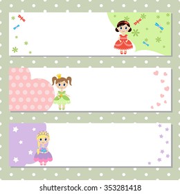 Set of three horizontal banners with little girls. Princess theme.