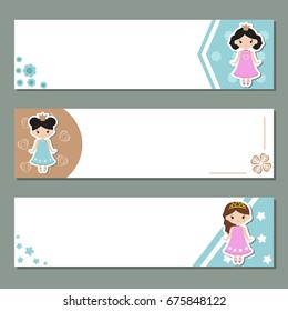 Set of three horizontal banners with little girls. Princess theme.